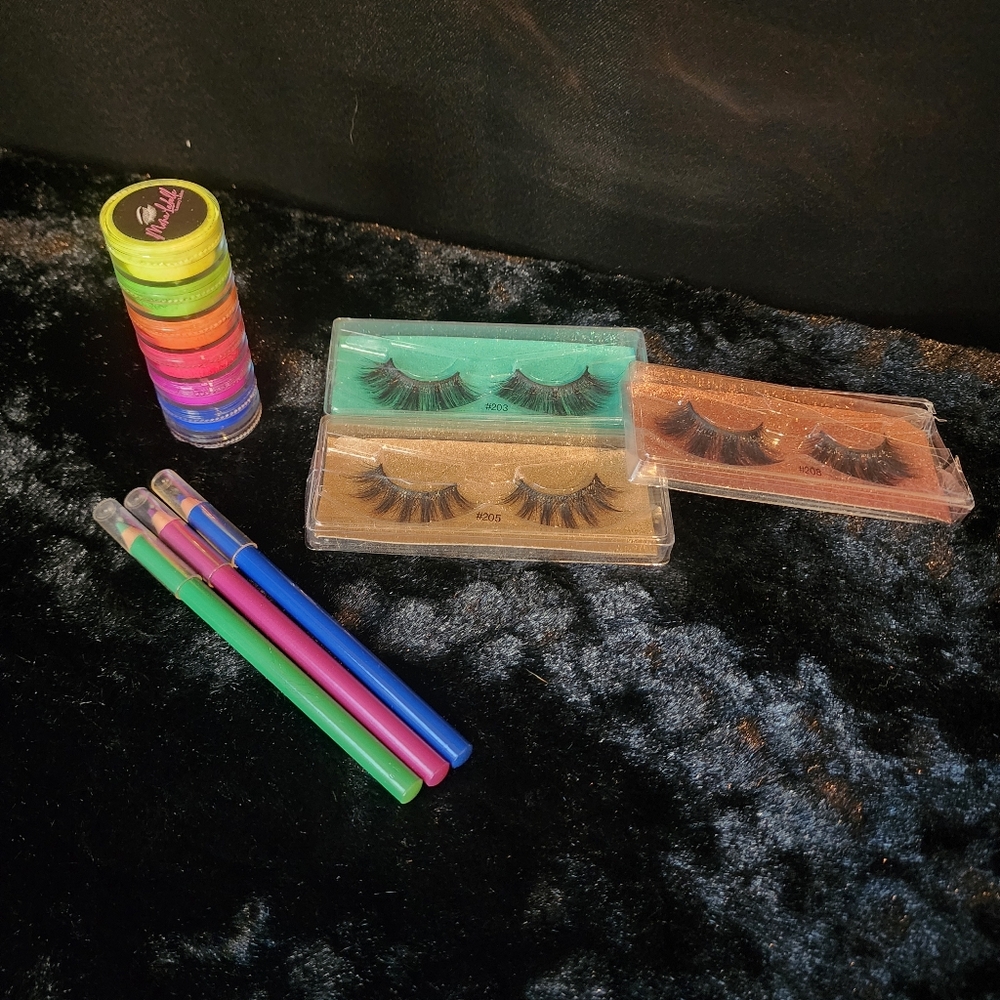 Neon Water Activated Pigment, 3 Eyeliner, and Lash Bundle